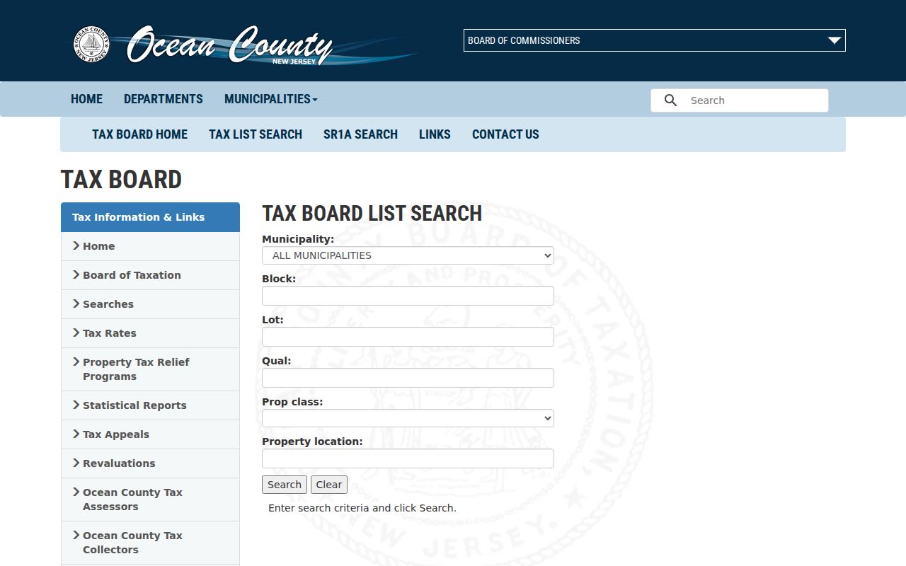Barnegat Township residents directory property-search fields in the Ocean County tax list